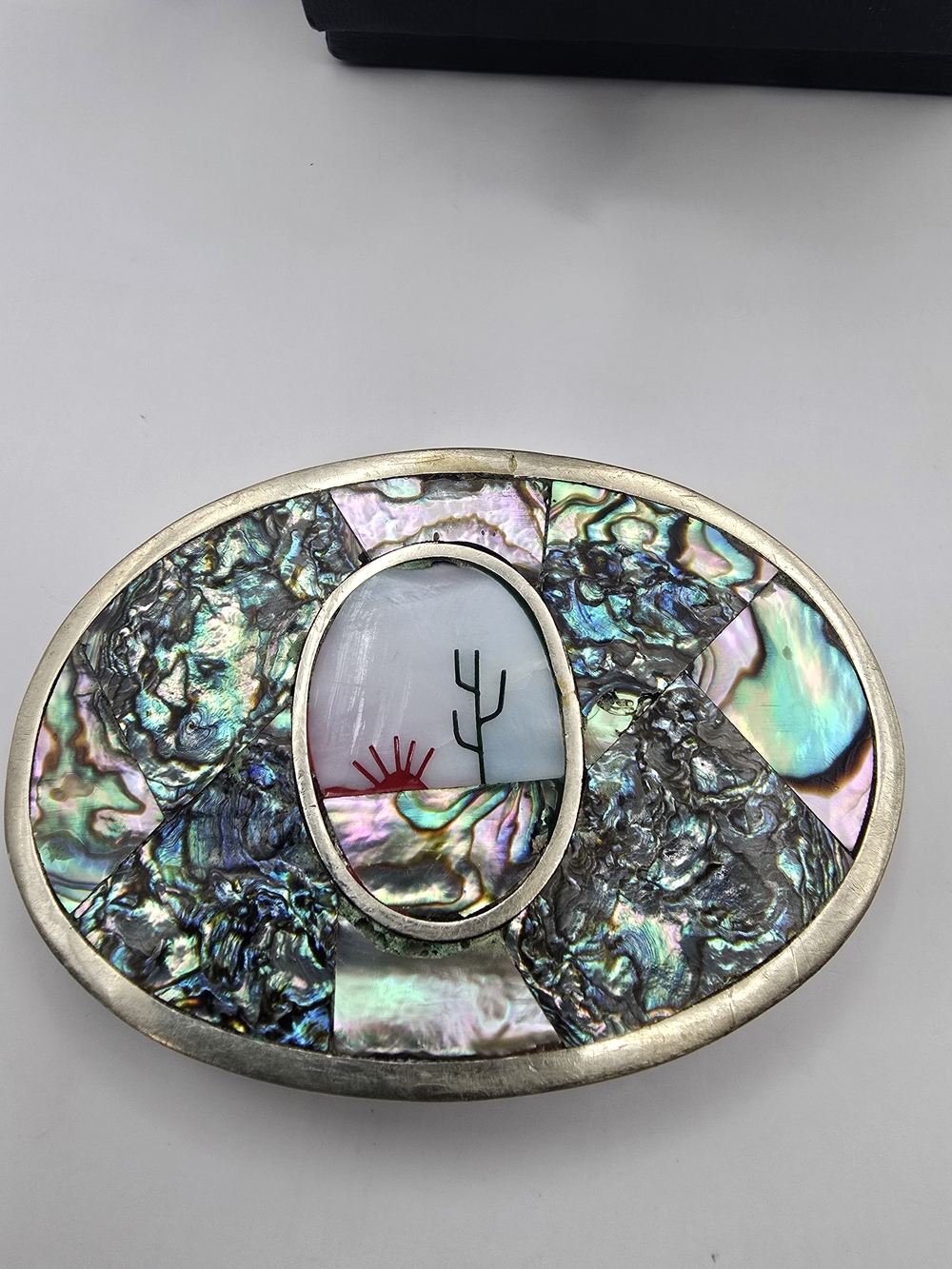 Abalone Inlay Oval Belt Buckle with Desert Motif Mexico